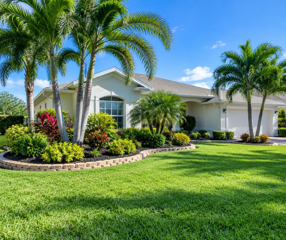 Palm trees and a neatly maintained residential lawn in Florida